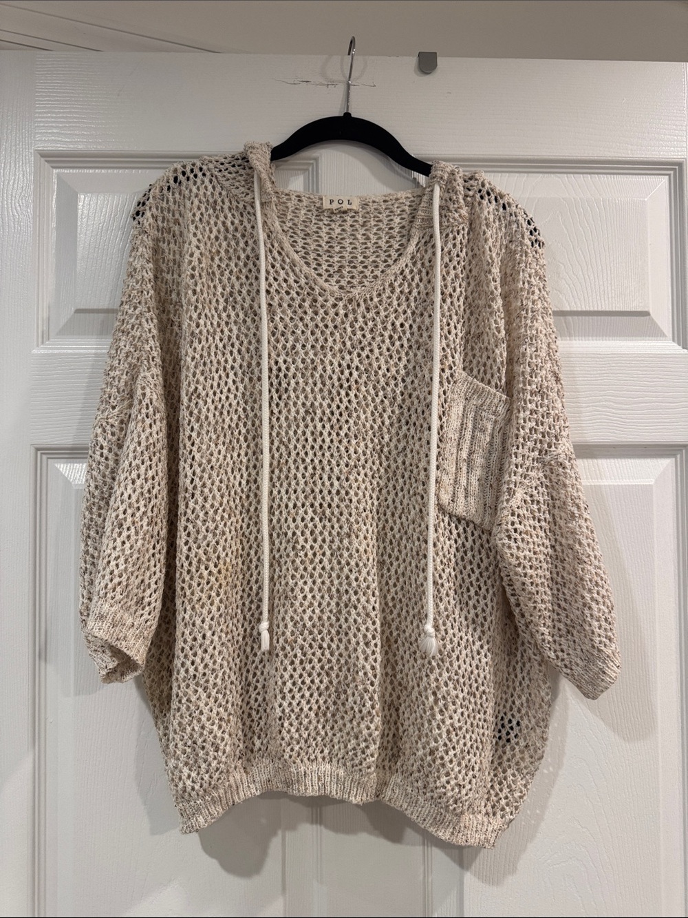 POL Open-Weave V-Neck Hooded Sweater in Cream